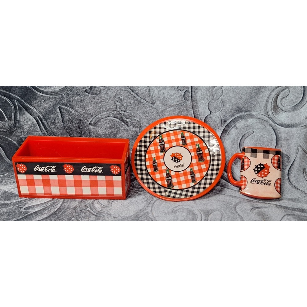 Set of 3 Vintage Coca-Cola Ladybug Gingham Check Plate Mug Caddy Nesting Magnets